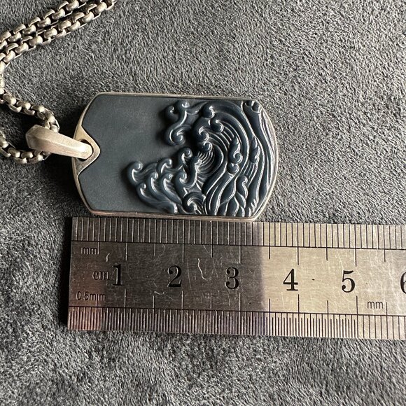 David Yurman Waves Dog Tag w/ Carved Agate & DY Small Box Chain Necklace 22" - Picture 11 of 13